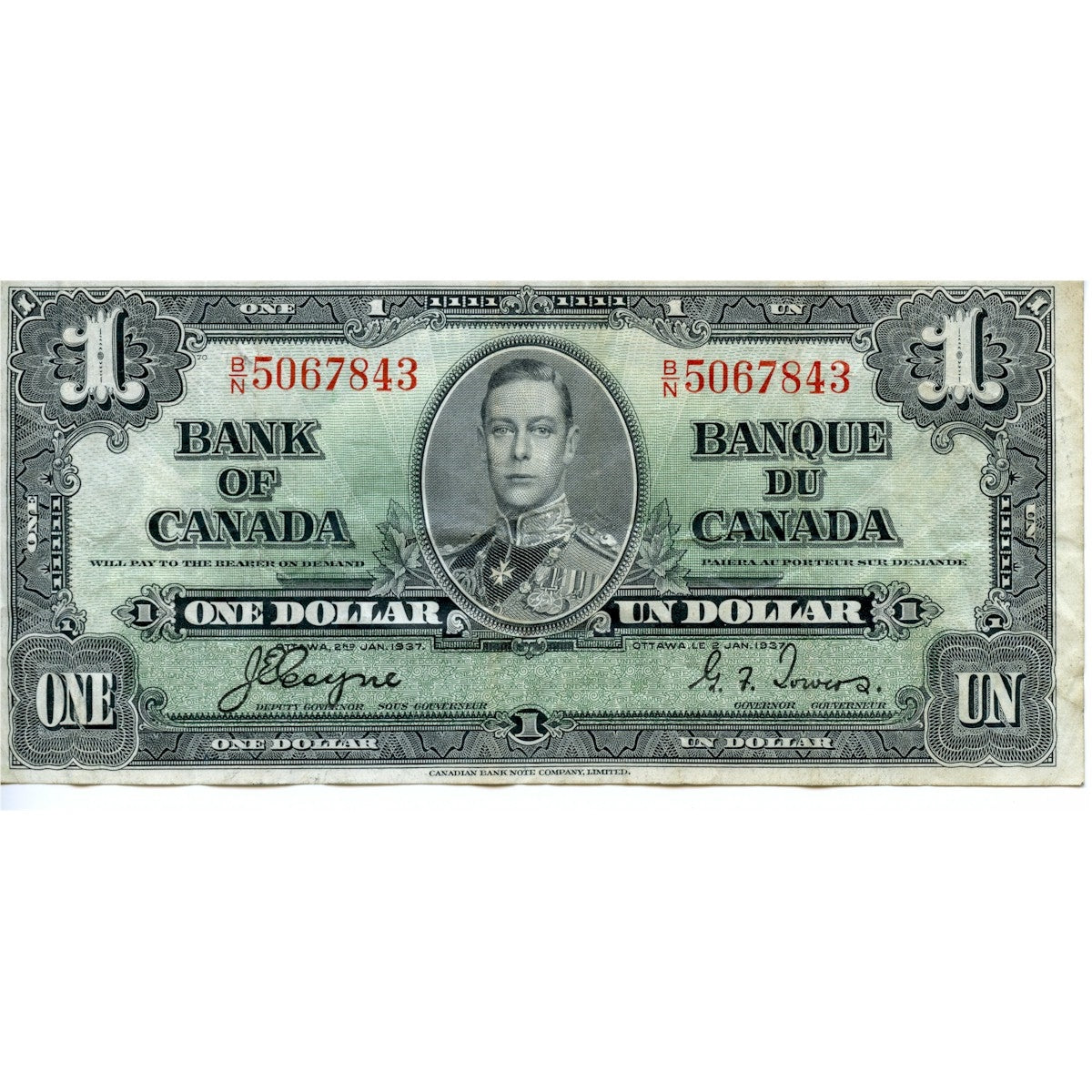 BC-21d 1937 Canada $1 Coyne-Towers, B/N, Very Fine (VF20)