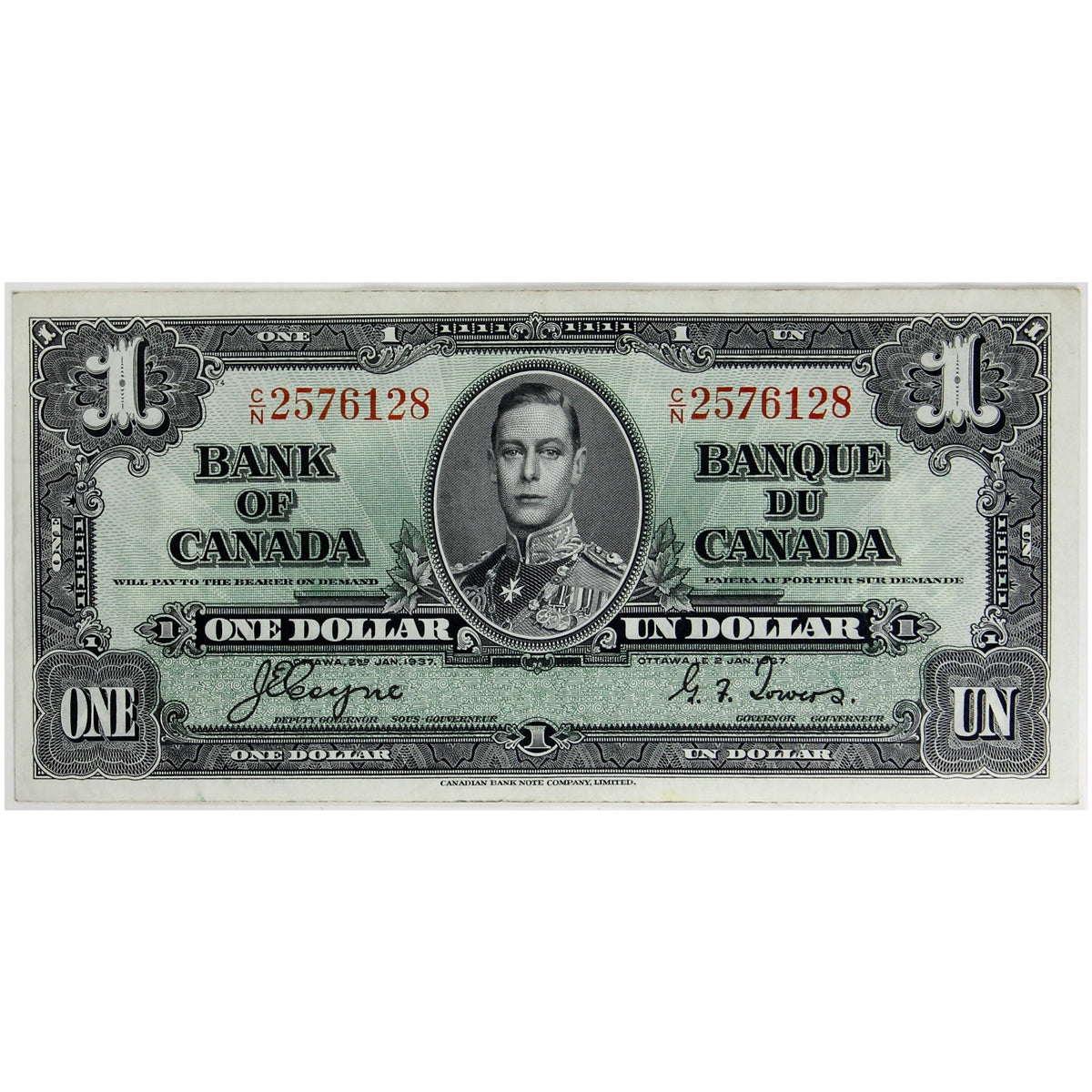 BC-21d 1937 Canada $1 Coyne-Towers, C/N, VF-EF (VF30)