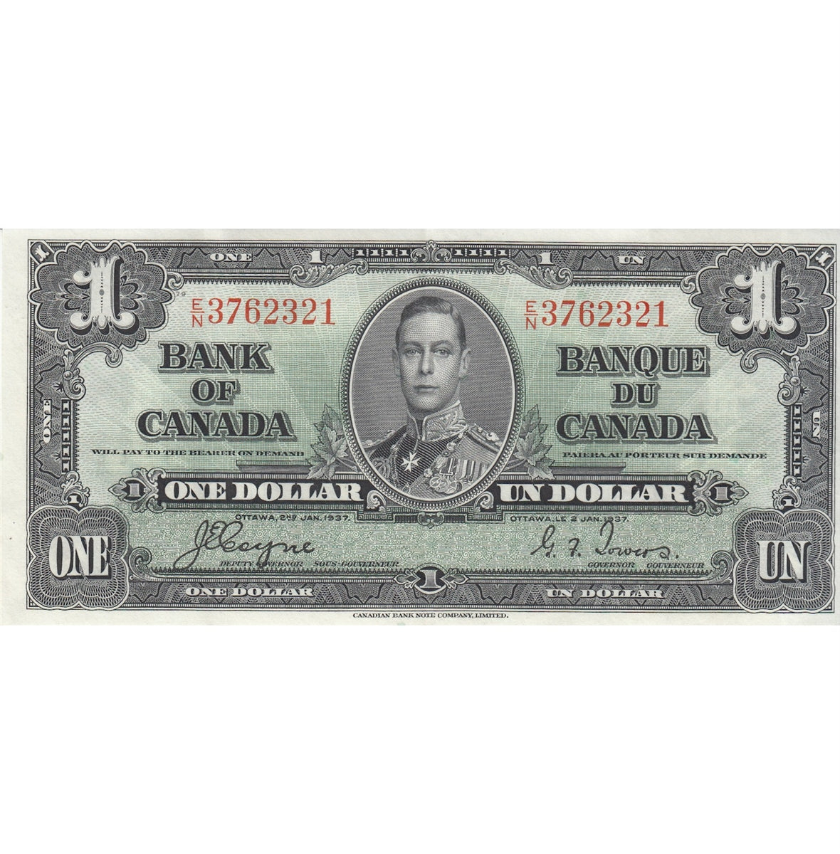BC-21d 1937 Canada $1 Coyne-Towers, E/N, Extra Fine (EF40)