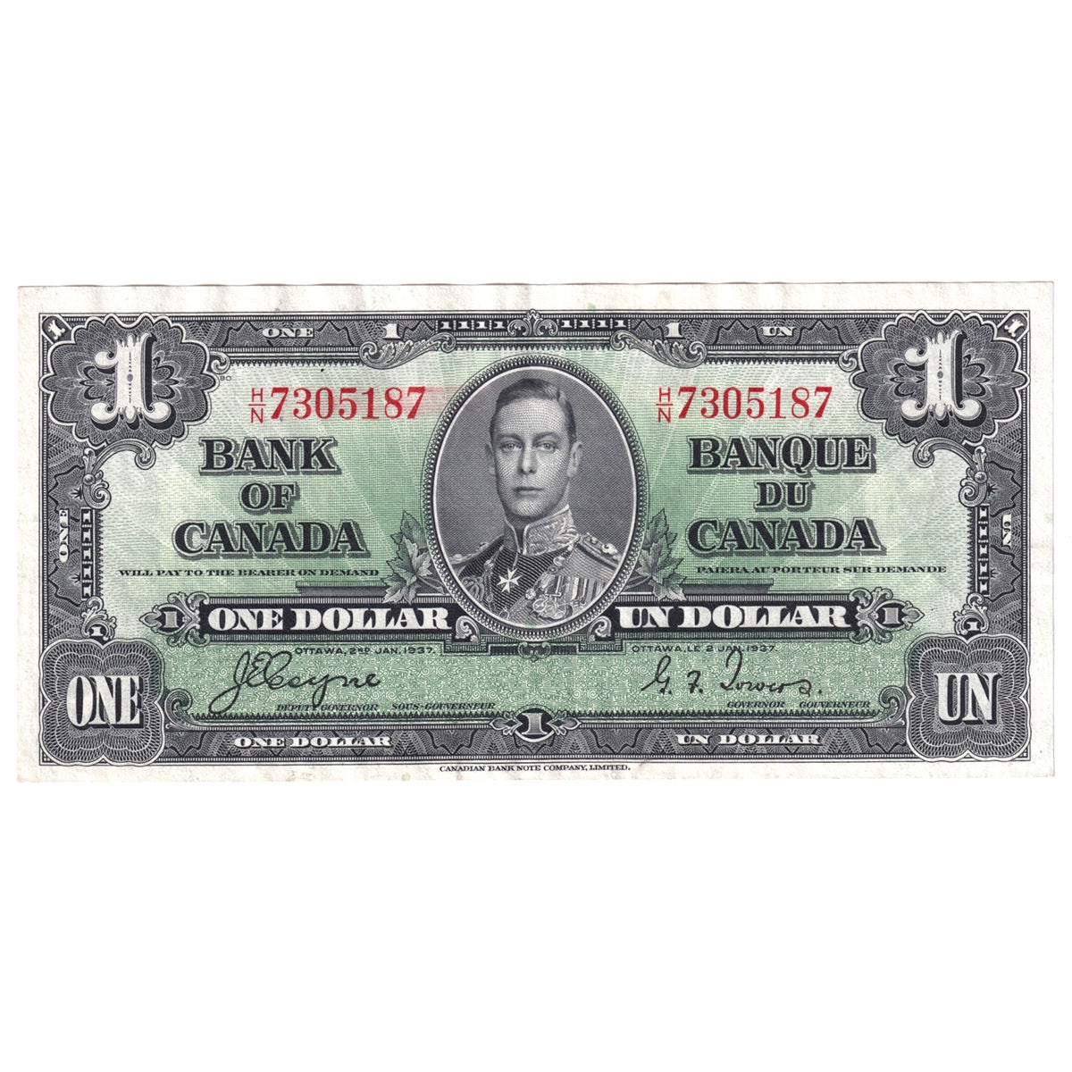 BC-21d 1937 Canada $1 Coyne-Towers, H/N, Very Fine (VF20)