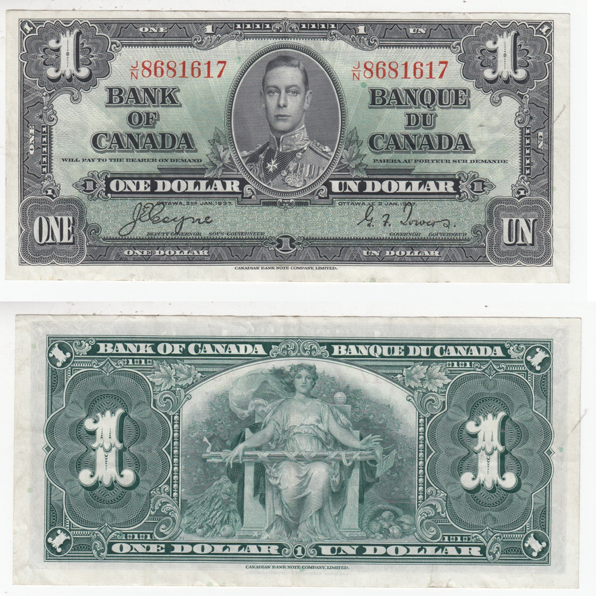 BC-21d 1937 Canada $1 Coyne-Towers, J/N, VF-EF (VF30)
