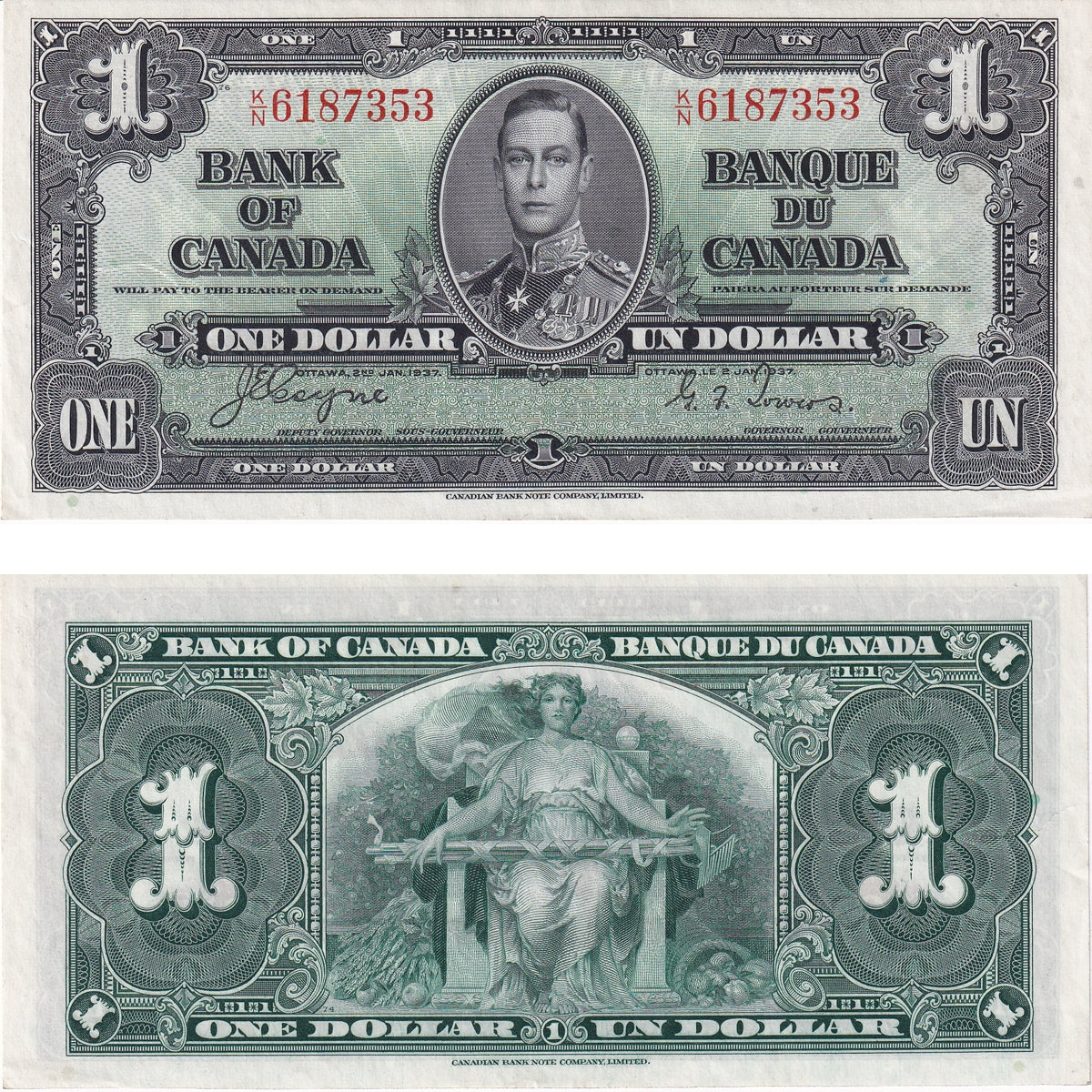 BC-21d 1937 Canada $1 Coyne-Towers, K/N, AU-UNC