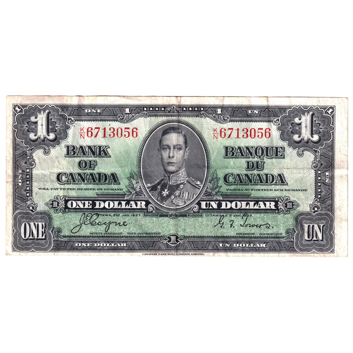 BC-21d 1937 Canada $1 Coyne-Towers, K/N, VF-EF (VF30)