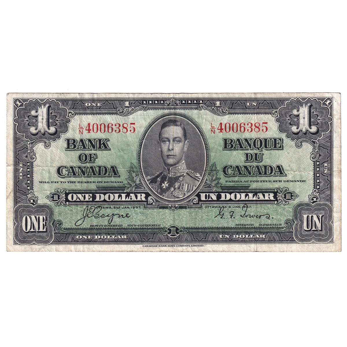 BC-21d 1937 Canada $1 Coyne-Towers, L/N, F-VF (F15)