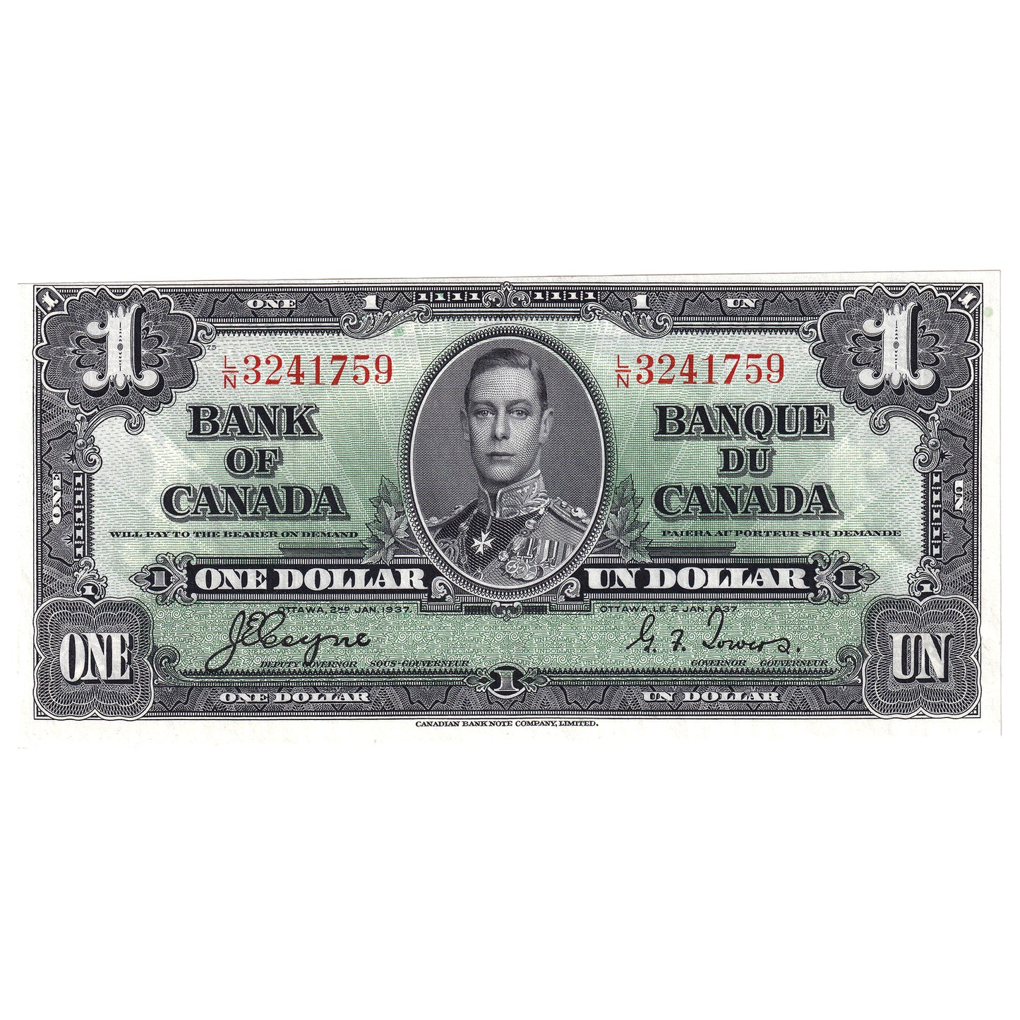BC-21d 1937 Canada $1 Coyne-Towers, L/N, UNC