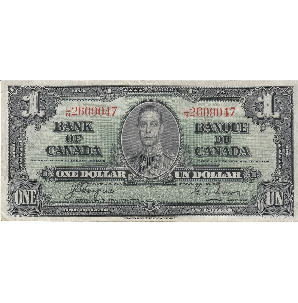 BC-21d 1937 Canada $1 Coyne-Towers, L/N, Very Fine (VF20)