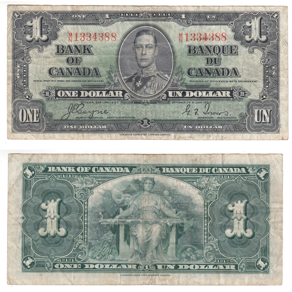 BC-21d 1937 Canada $1 Coyne-Towers, M/N, VF