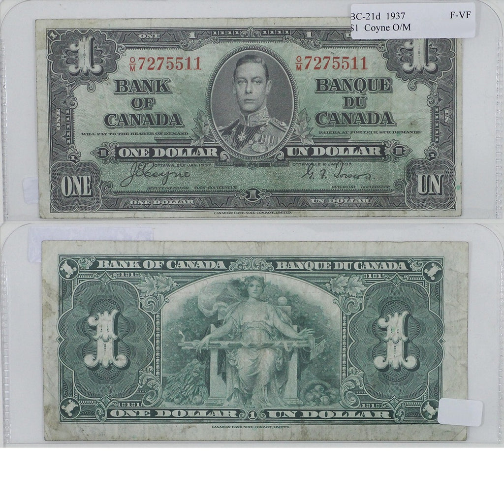 BC-21d 1937 Canada $1 Coyne-Towers, O/M, F-VF (F15)