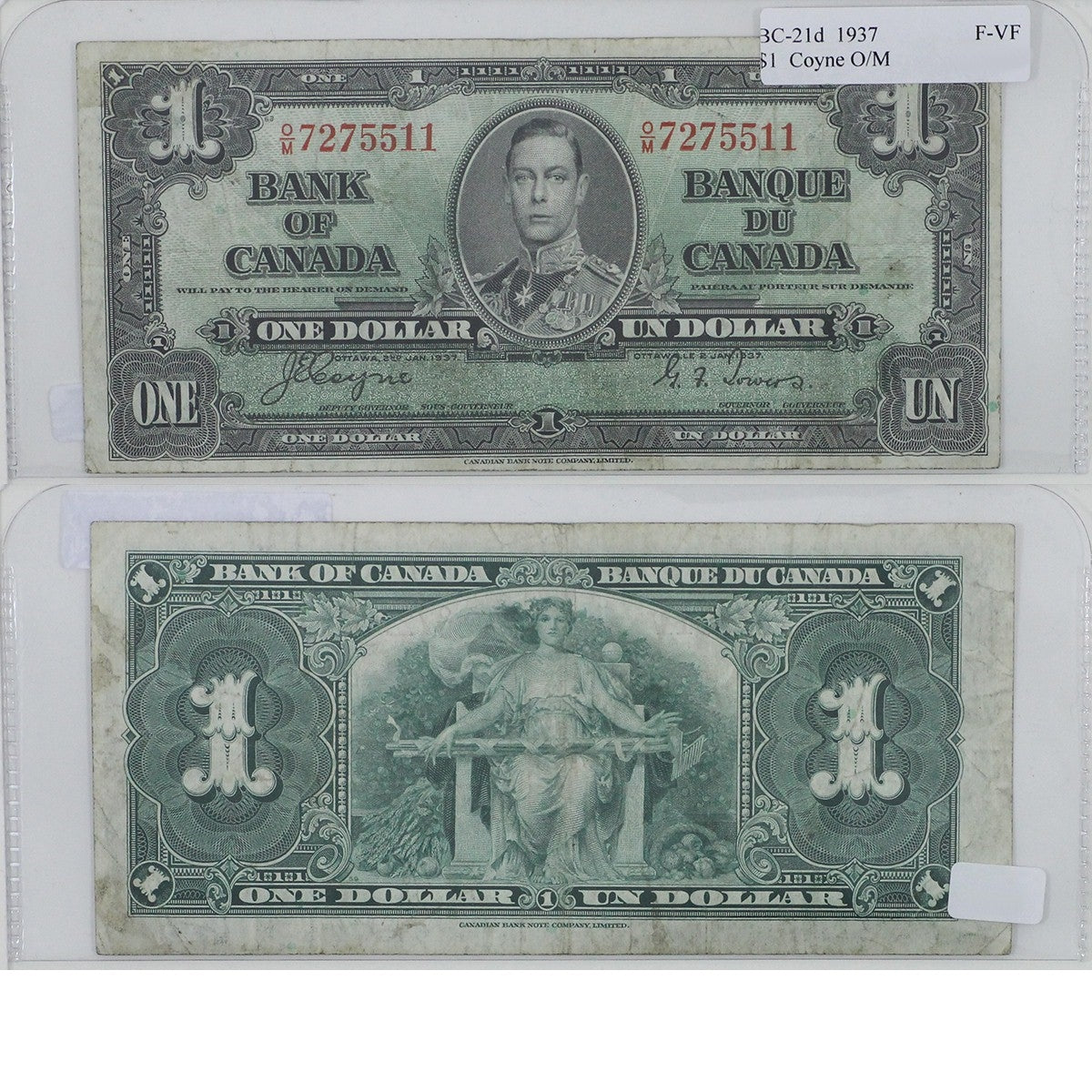 BC-21d 1937 Canada $1 Coyne-Towers, O/M, F-VF (F15)