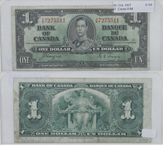 BC-21d 1937 Canada $1 Coyne-Towers, O/M, F-VF (F15)