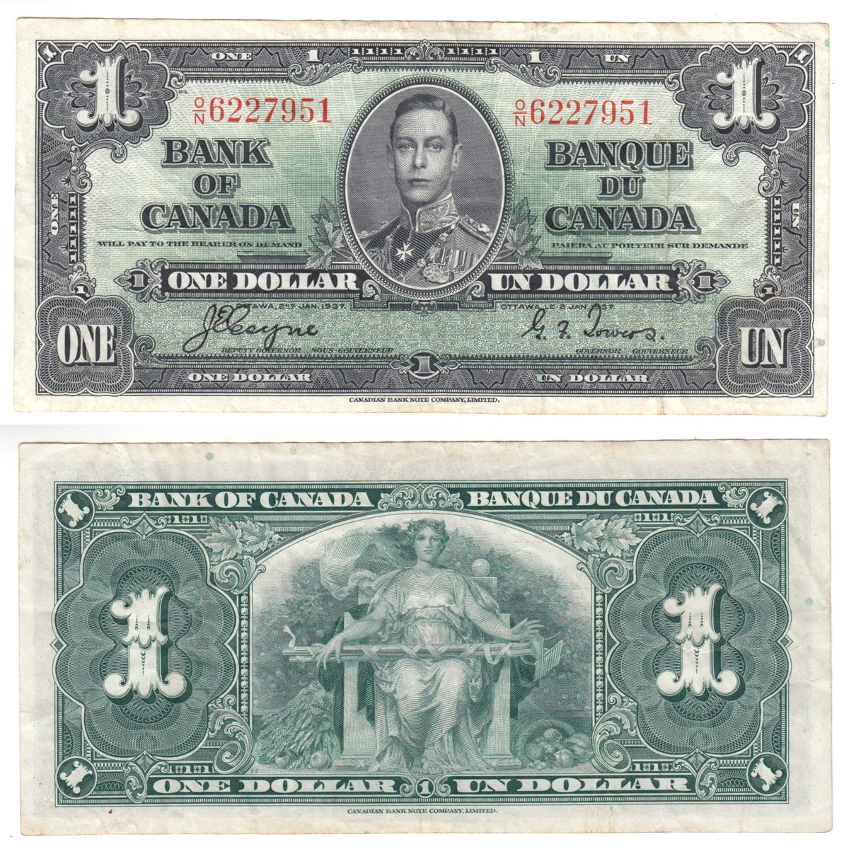 BC-21d 1937 Canada $1 Coyne-Towers, O/N, VF
