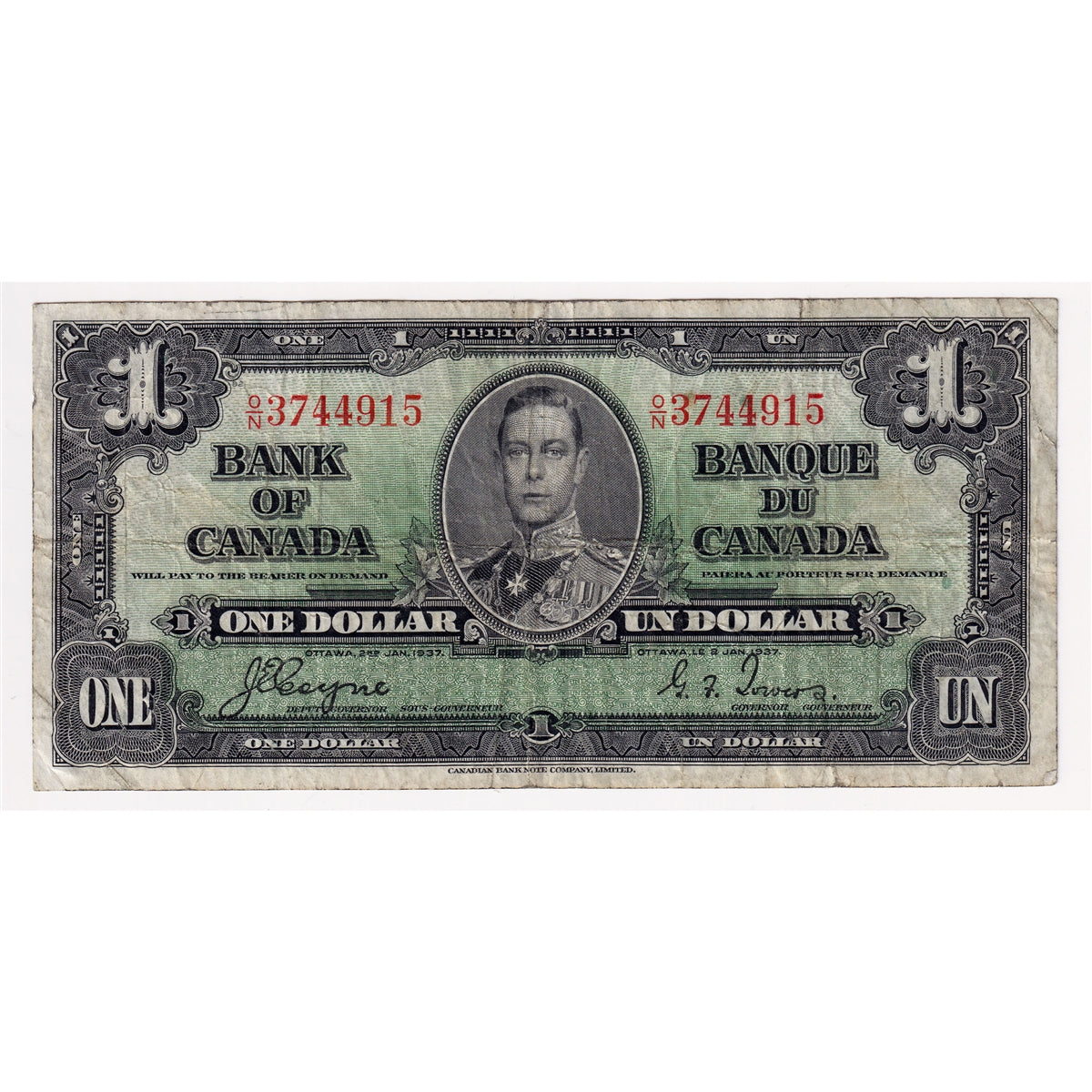 BC-21d 1937 Canada $1 Coyne-Towers, O/N, CIRC