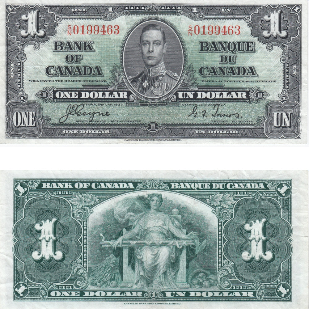 BC-21d 1937 Canada $1 Coyne-Towers, S/N, Very Fine (VF20)