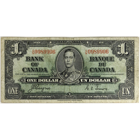 BC-21d 1937 Canada $1 Coyne-Towers, S/N, VG-F