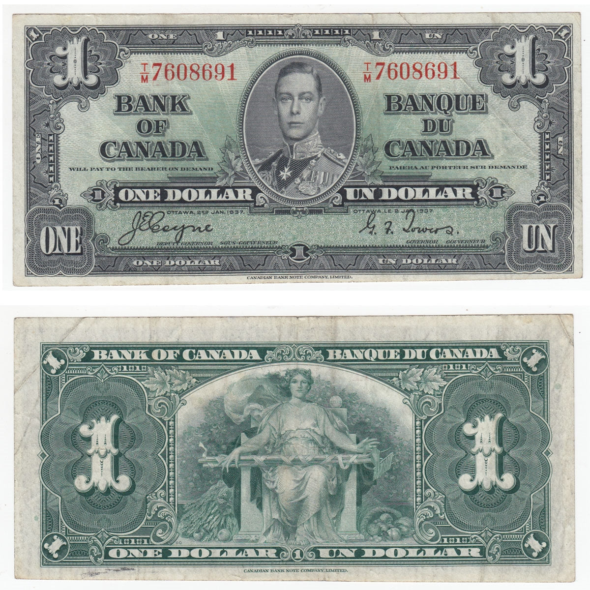 BC-21d 1937 Canada $1 Coyne-Towers, T/M, VF