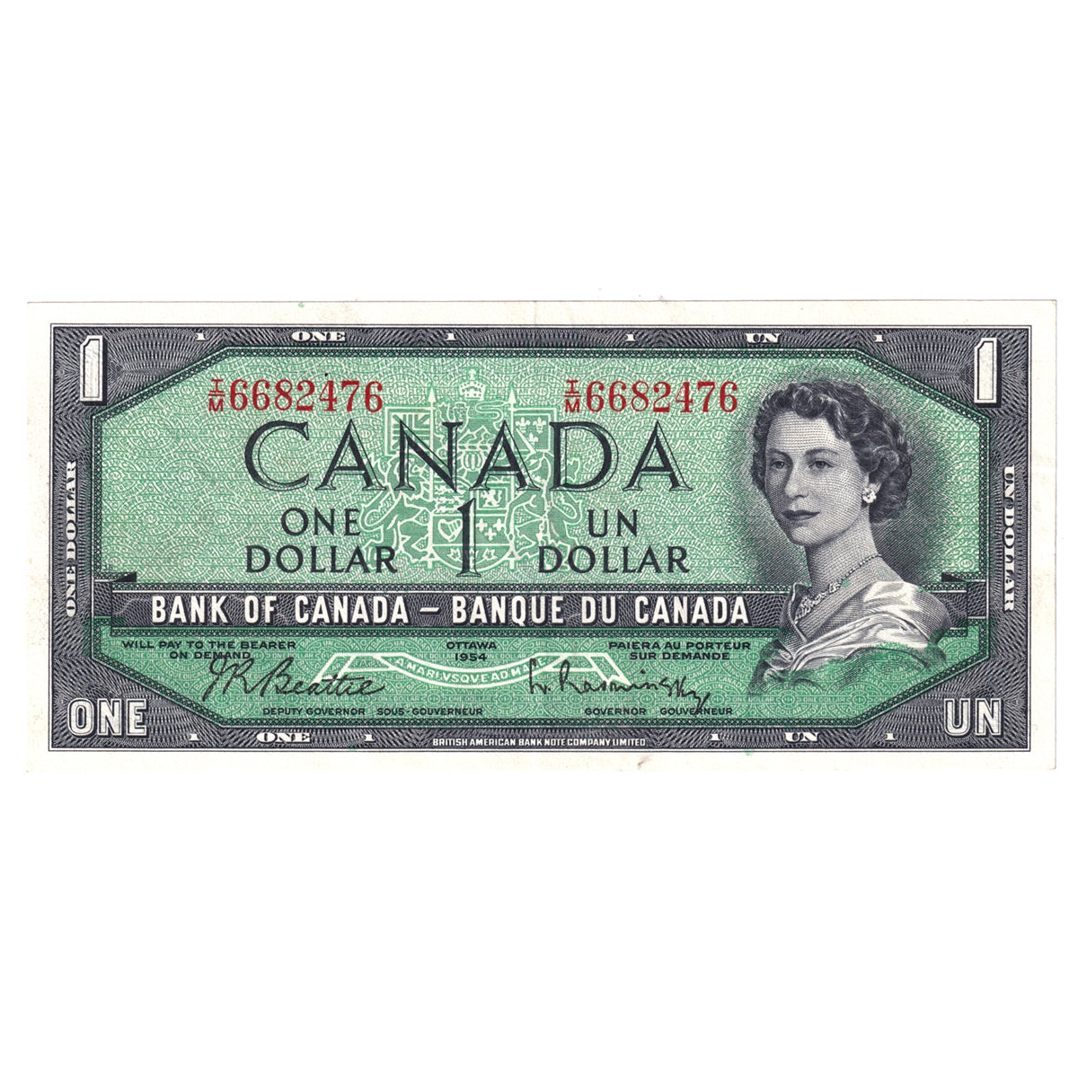 BC-37b-i 1954 Canada $1 Beattie-Rasminsky, I/M, EF-AU (EF45)