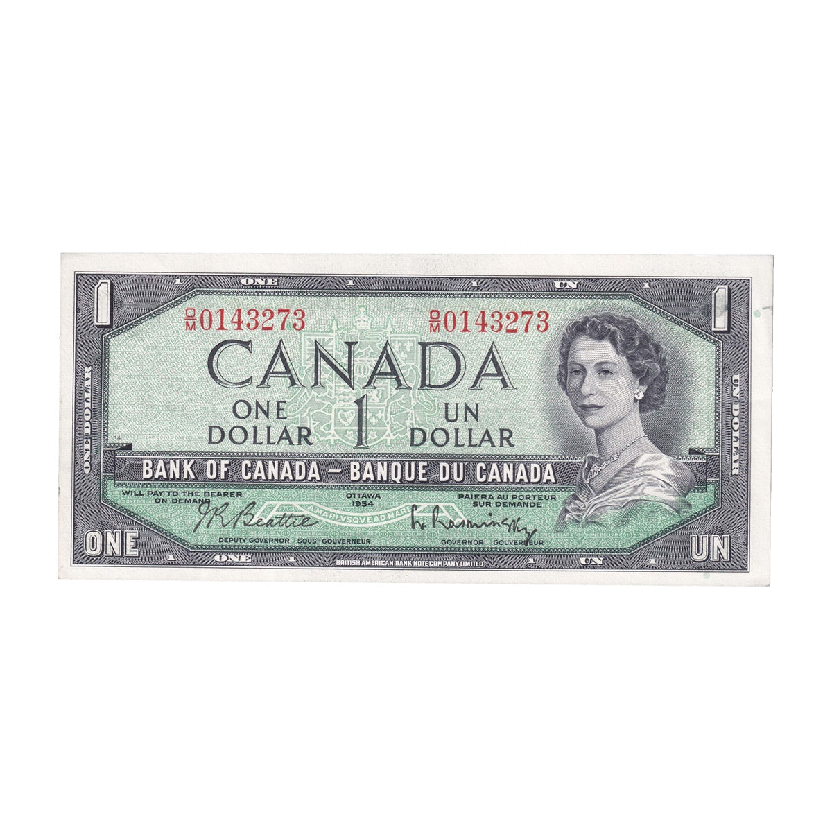 BC-37b-i 1954 Canada $1 Beattie-Rasminsky, O/M, Almost Uncirculated (AU50)