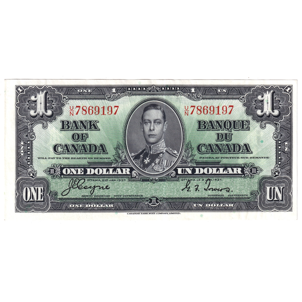 BC-21d 1937 Canada $1 Coyne-Towers, U/N, AU