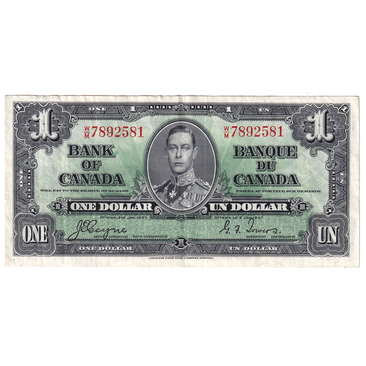 BC-21d 1937 Canada $1 Coyne-Towers, W/M, VF-EF (VF30)