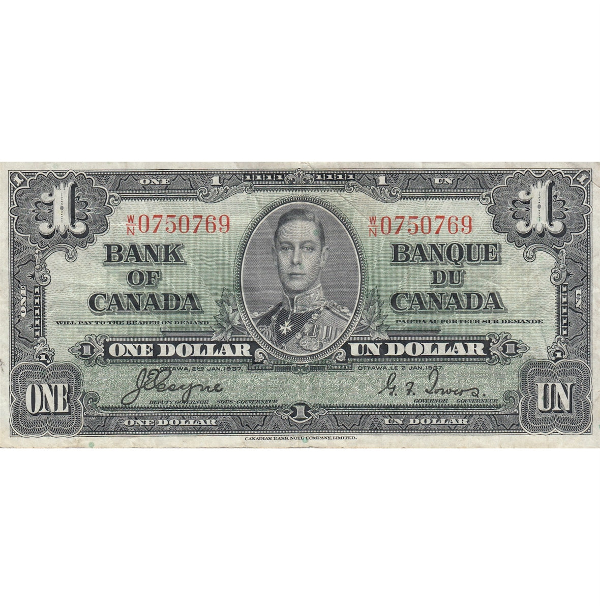 BC-21d 1937 Canada $1 Coyne-Towers, W/N, VF