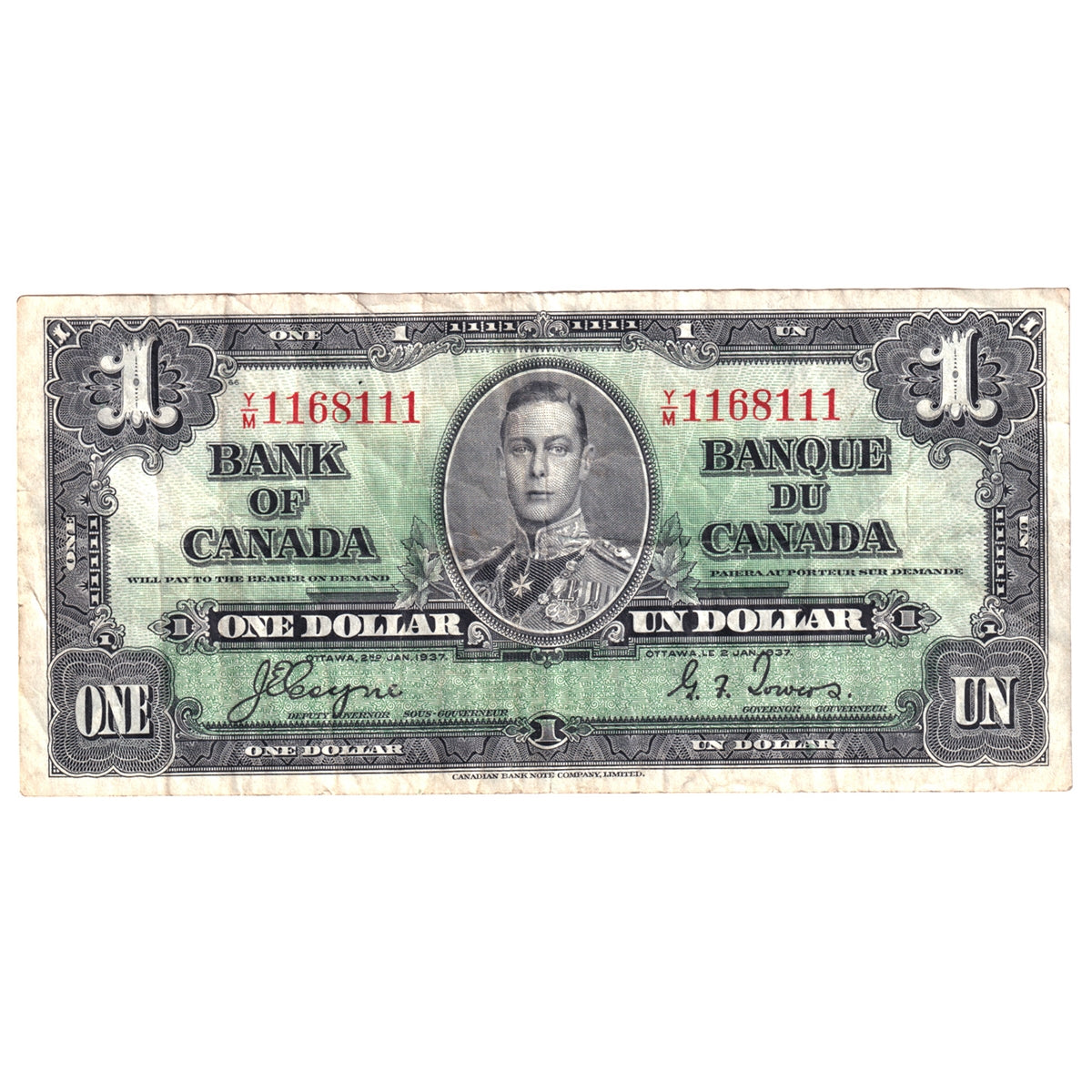 BC-21d 1937 Canada $1 Coyne-Towers, Y/M, VF