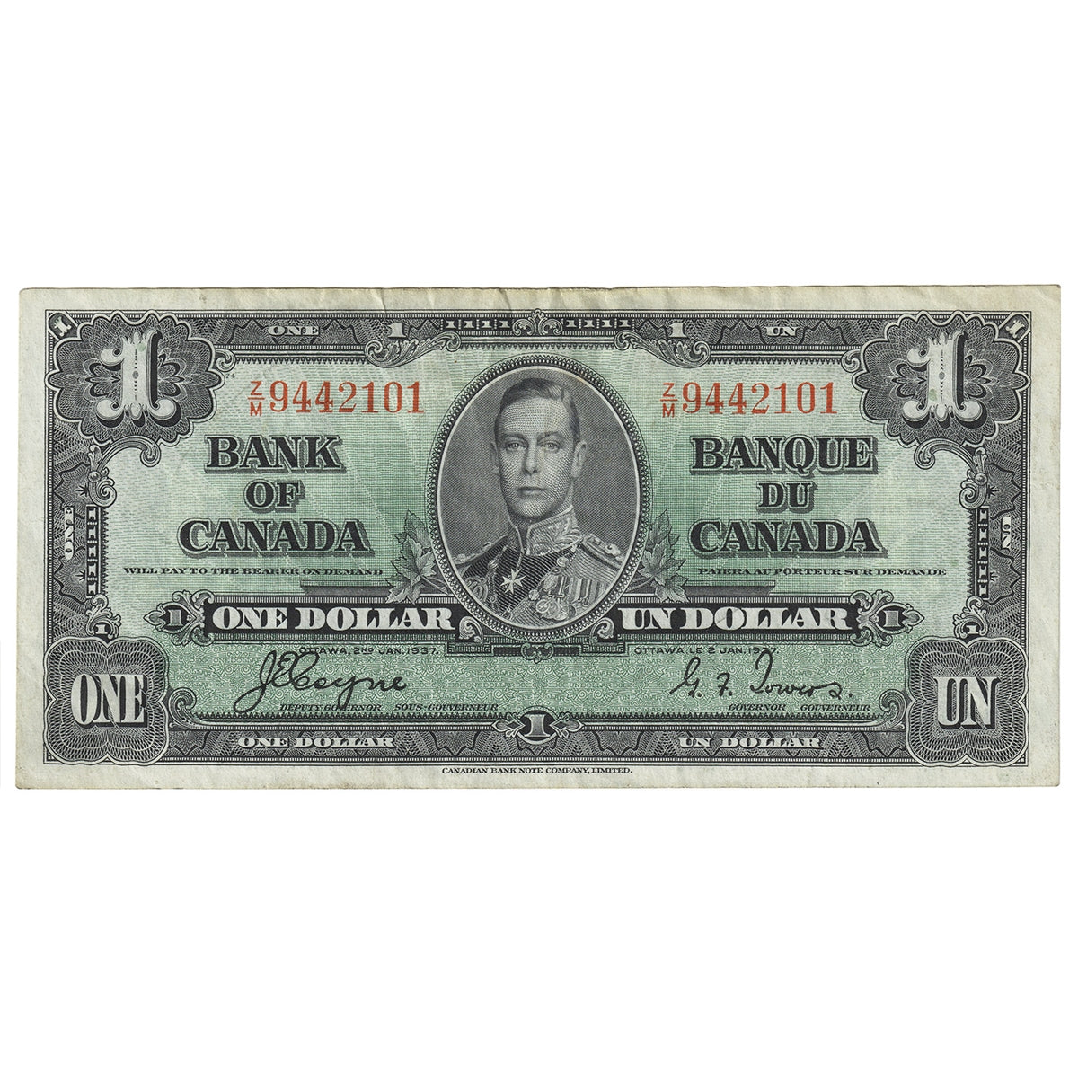 BC-21d 1937 Canada $1 Coyne-Towers, Z/M, AU