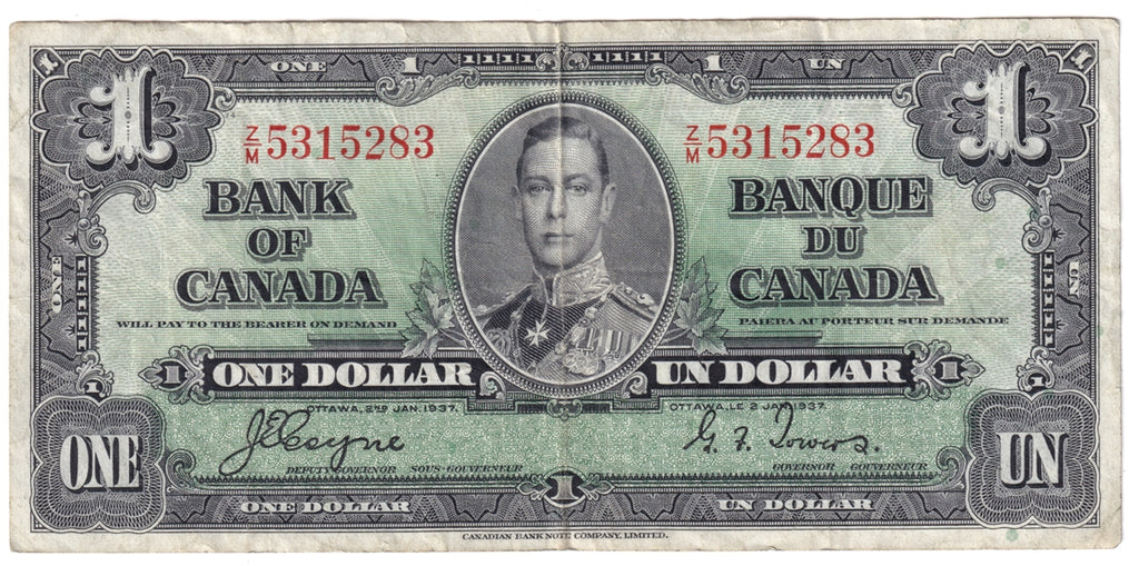 BC-21d 1937 Canada $1 Coyne-Towers, Z/M, F-VF