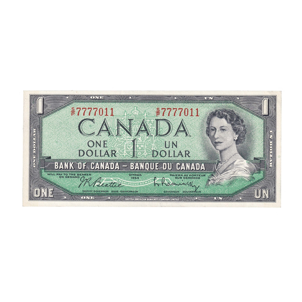 BC-37b-i 1954 Canada $1 Beattie-Rasminsky, S/P, Almost Uncirculated (AU50)