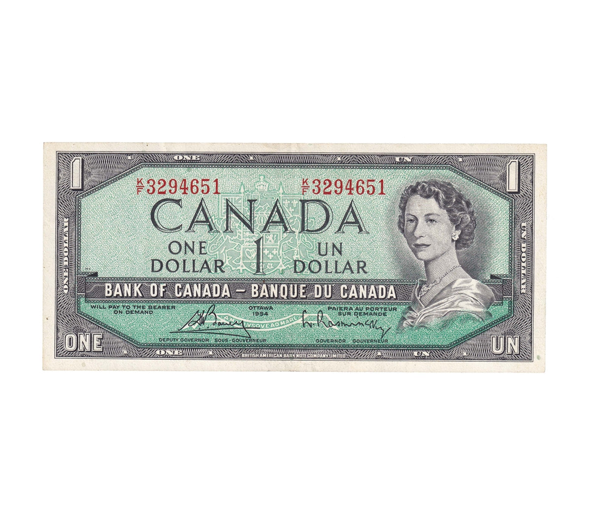 BC-37c 1954 Canada $1 Bouey-Rasminsky, K/F, EF-AU (EF45)