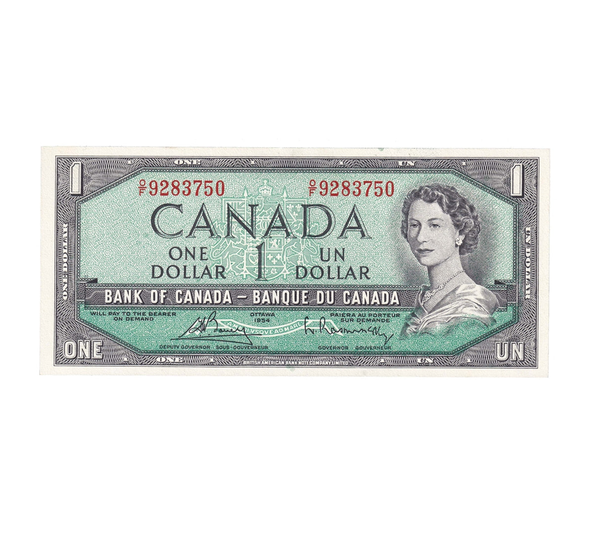 BC-37c 1954 Canada $1 Bouey-Rasminsky, O/F, Uncirculated (MS60)