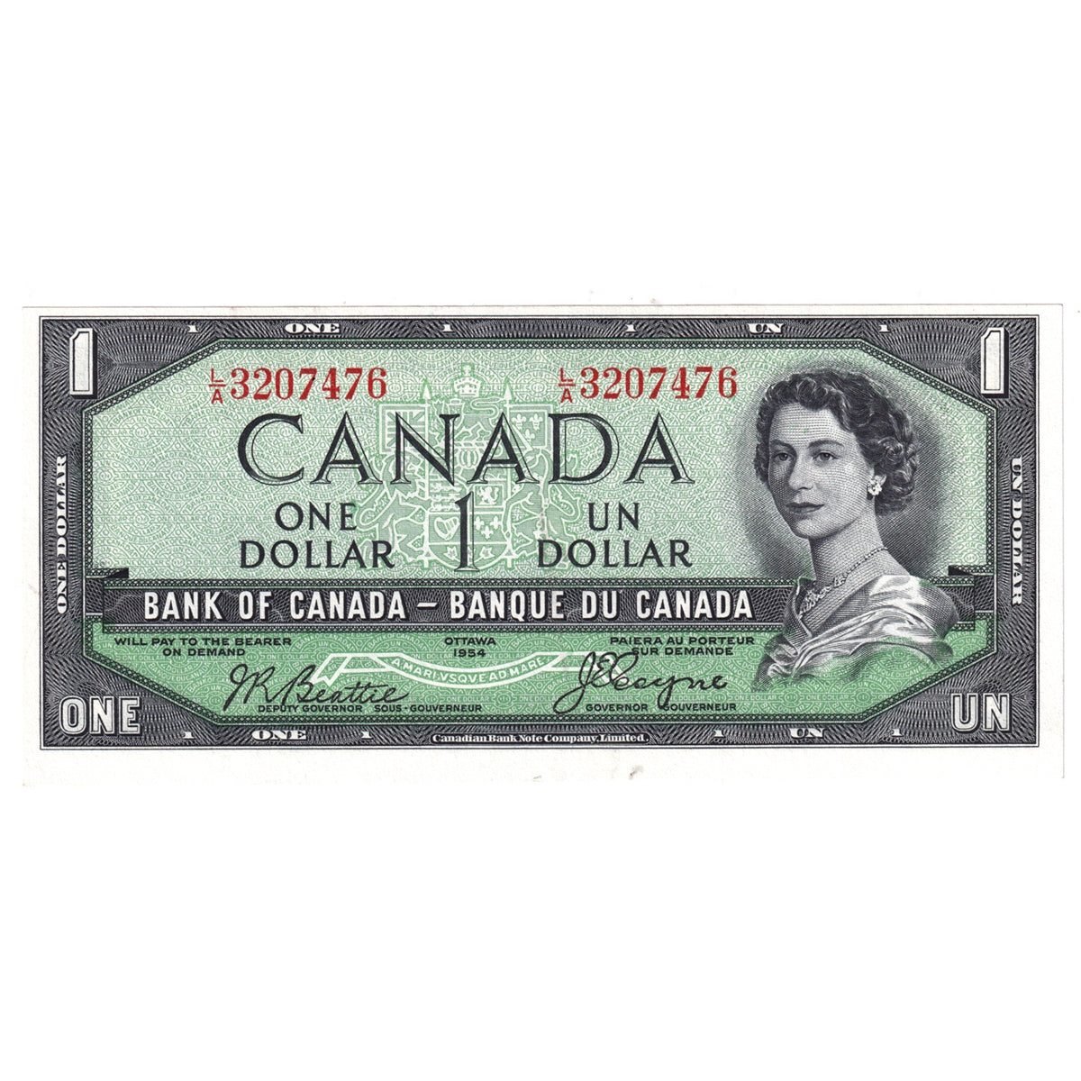 BC-29b 1954 Canada $1 Beattie-Coyne, Devil's Face, L/A, Almost Uncirculated (AU50)