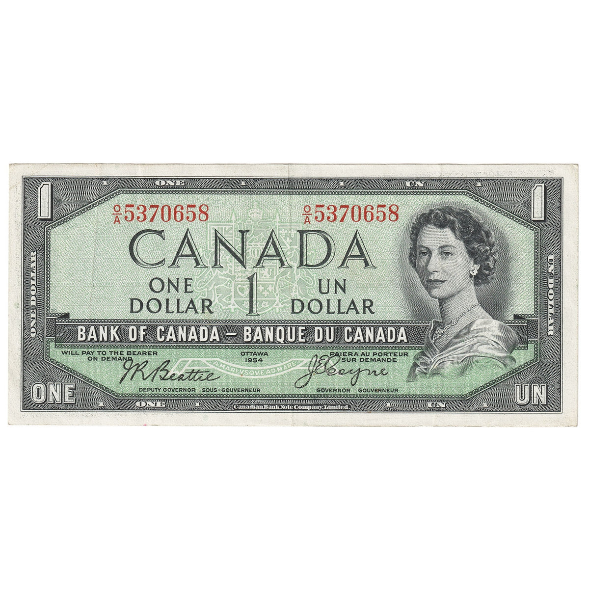 BC-29b 1954 Canada $1 Beattie-Coyne, Devil's Face, O/A, VF-EF (VF30)