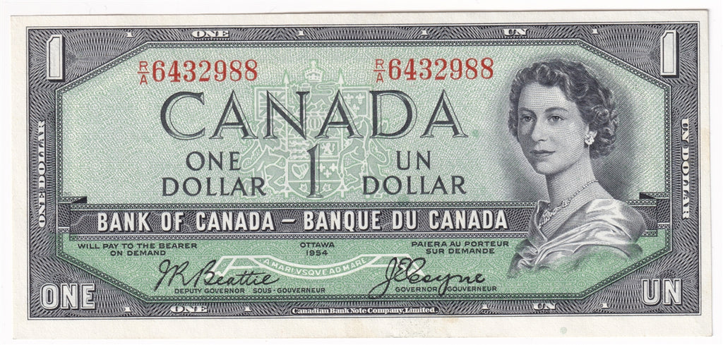 BC-29b 1954 Canada $1 Beattie-Coyne, Devil's Face, R/A, Almost Uncirculated (AU50)
