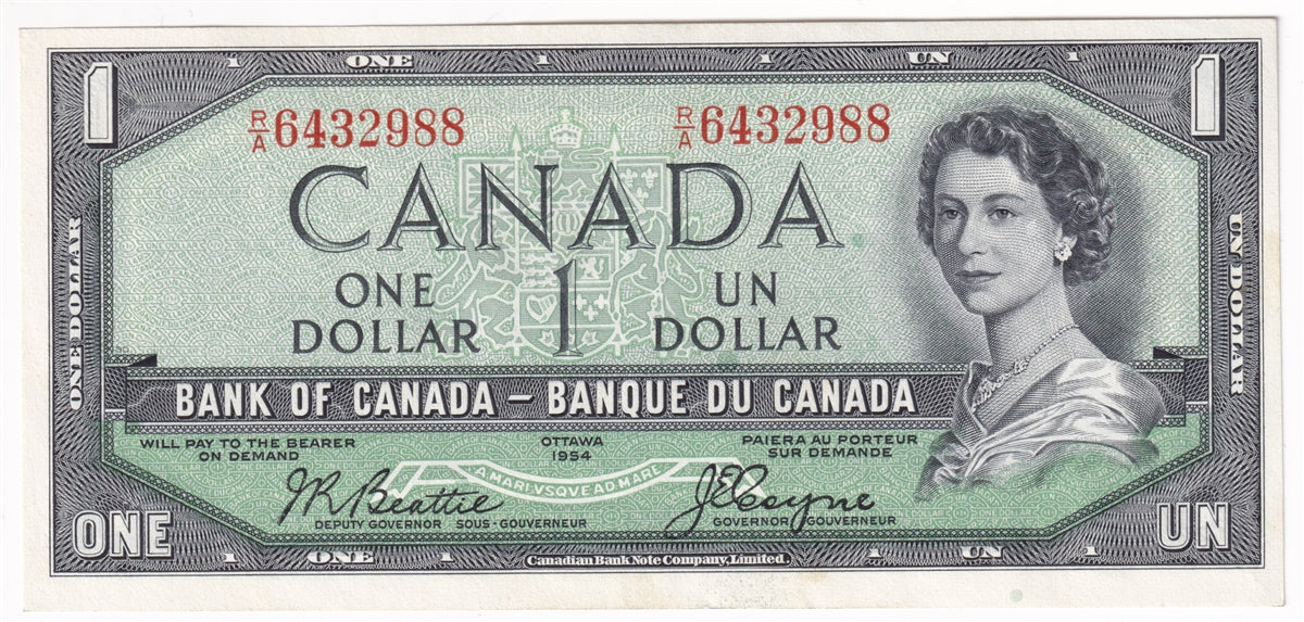 BC-29b 1954 Canada $1 Beattie-Coyne, Devil's Face, R/A, Almost Uncirculated (AU50)