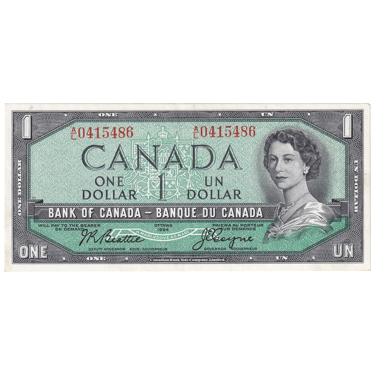 BC-37a 1954 Canada $1 Beattie-Coyne, A/L, Almost Uncirculated (AU50)