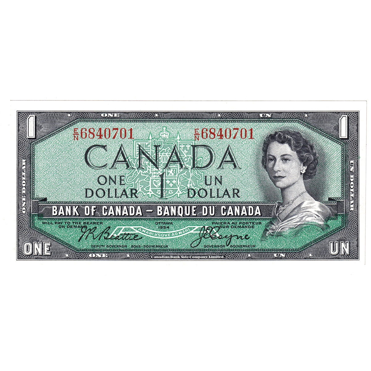 BC-37a 1954 Canada $1 Beattie-Coyne, E/N, Choice Uncirculated (CUNC63)