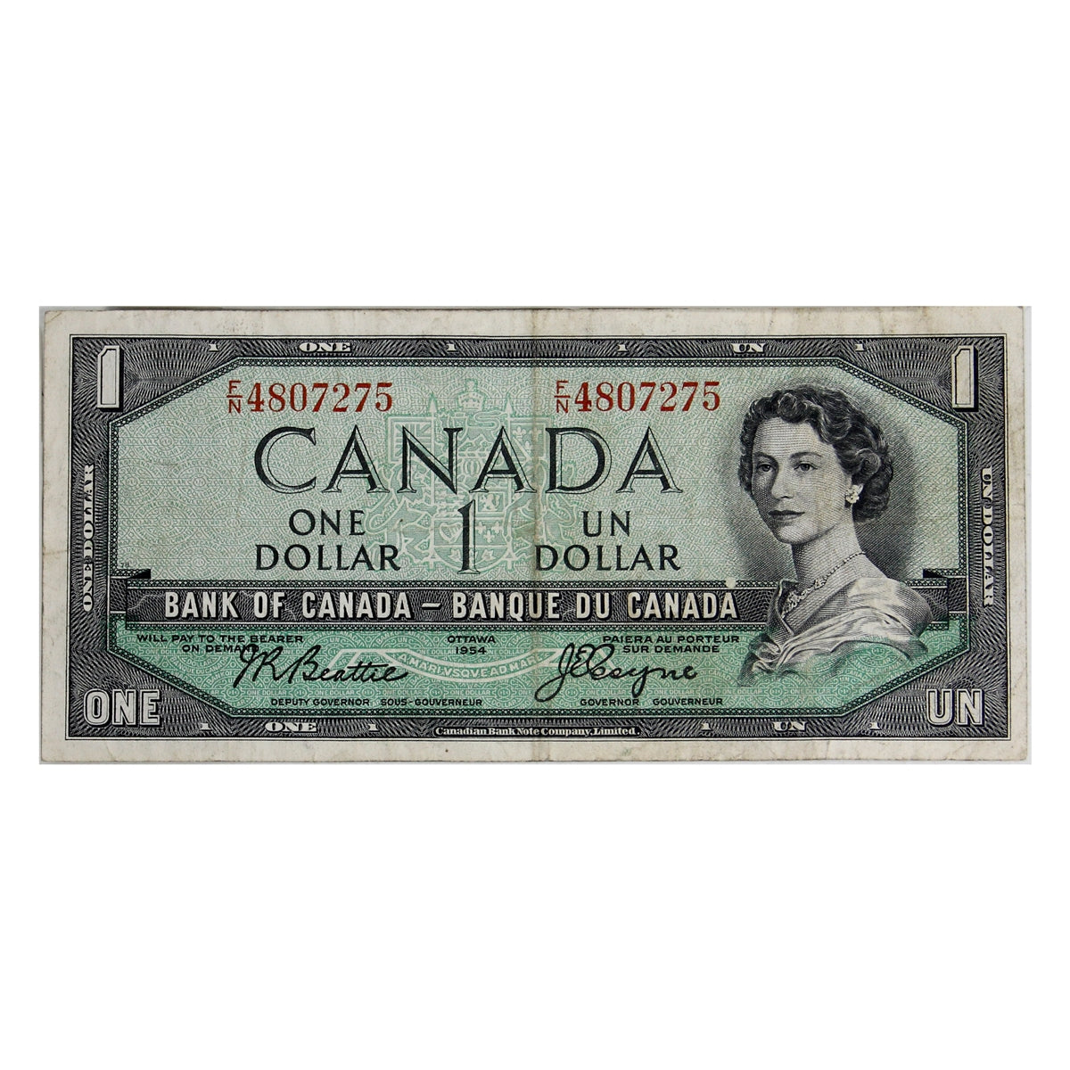 BC-37a 1954 Canada $1 Beattie-Coyne, F/N, Very Fine (VF20)