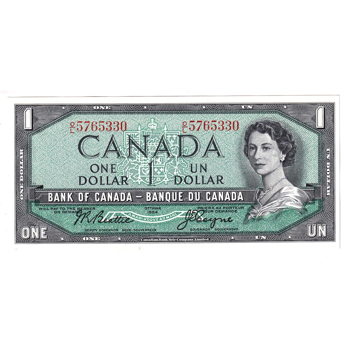 BC-37a 1954 Canada $1 Beattie-Coyne, O/L, Uncirculated (MS60)