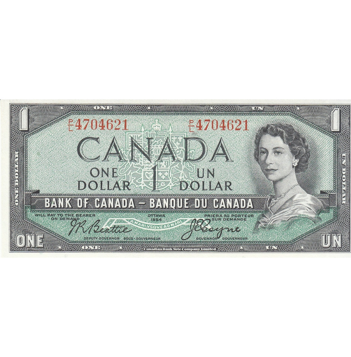 BC-37a 1954 Canada $1 Beattie-Coyne, P/L, Choice Uncirculated (CUNC63)