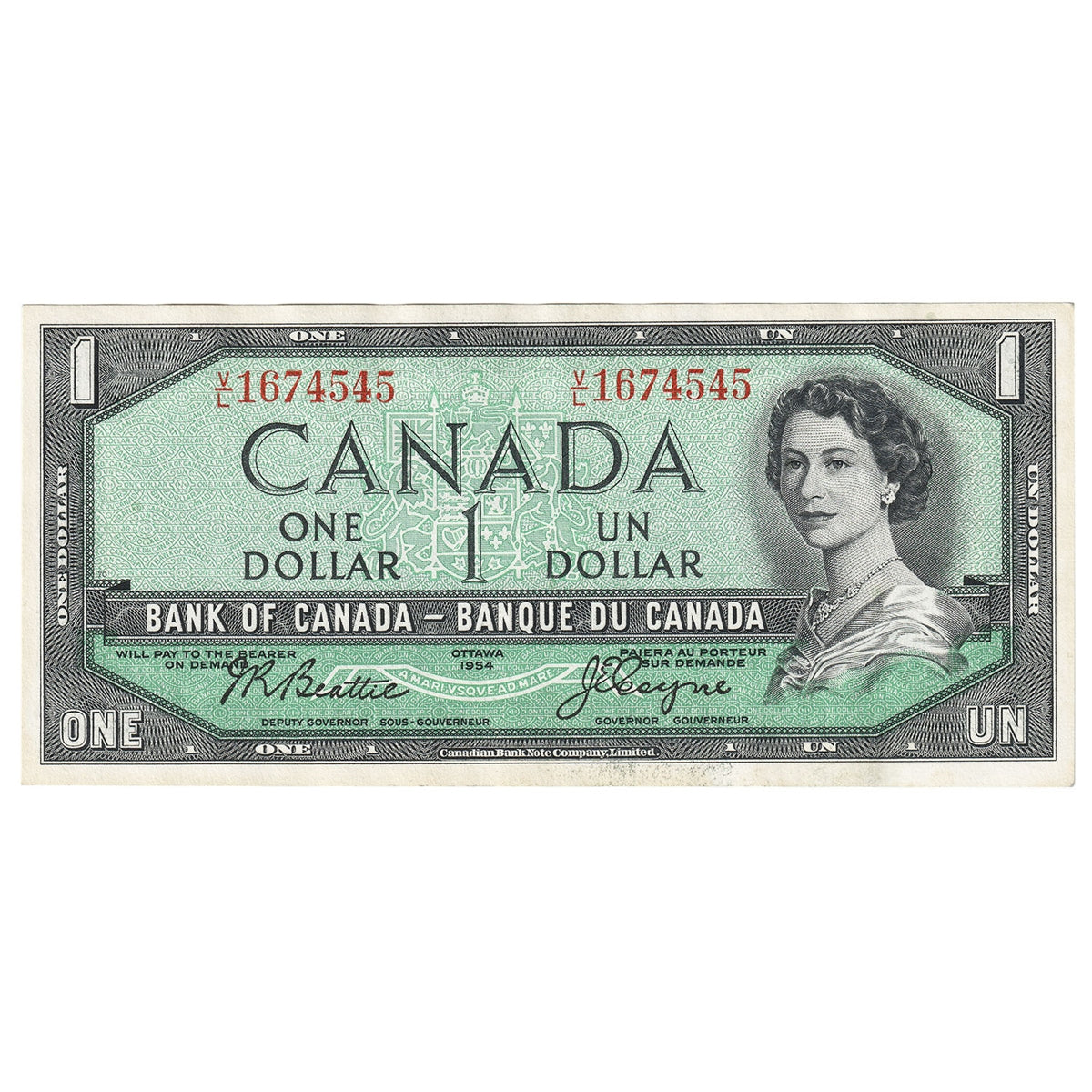 BC-37a 1954 Canada $1 Beattie-Coyne, V/L, Almost Uncirculated (AU50)