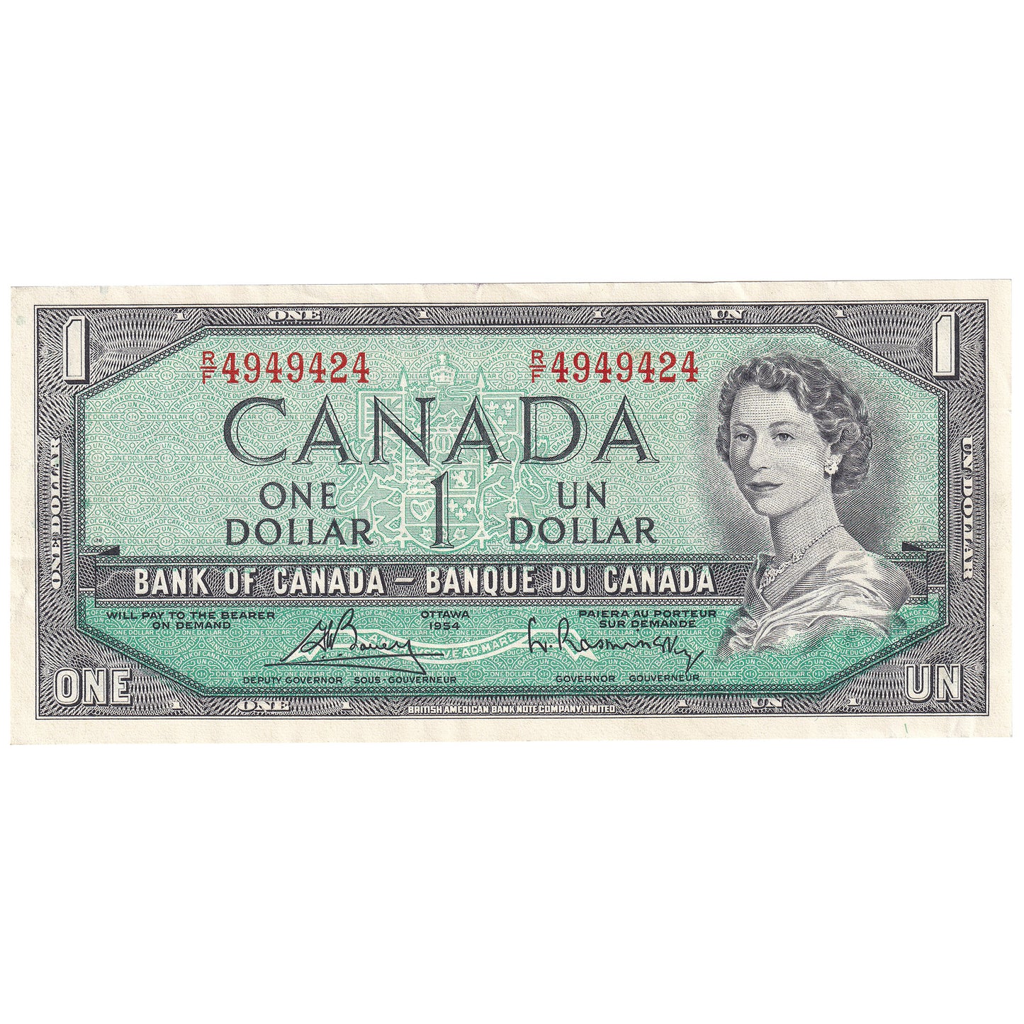 BC-37c 1954 Canada $1 Bouey-Rasminsky, R/F, Extra Fine (EF40)