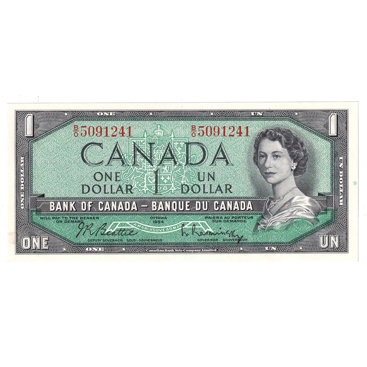 BC-37b 1954 Canada $1 Beattie-Rasminsky, B/O, Choice Uncirculated (CUNC63)