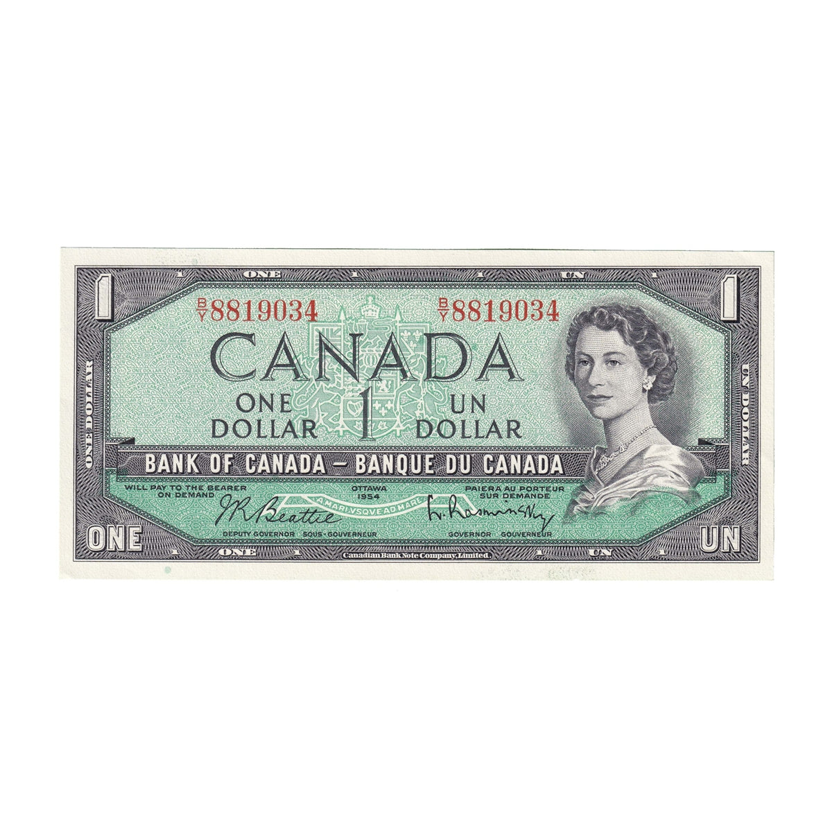 BC-37b 1954 Canada $1 Beattie-Rasminsky, B/Y, AU-UNC (AU55)