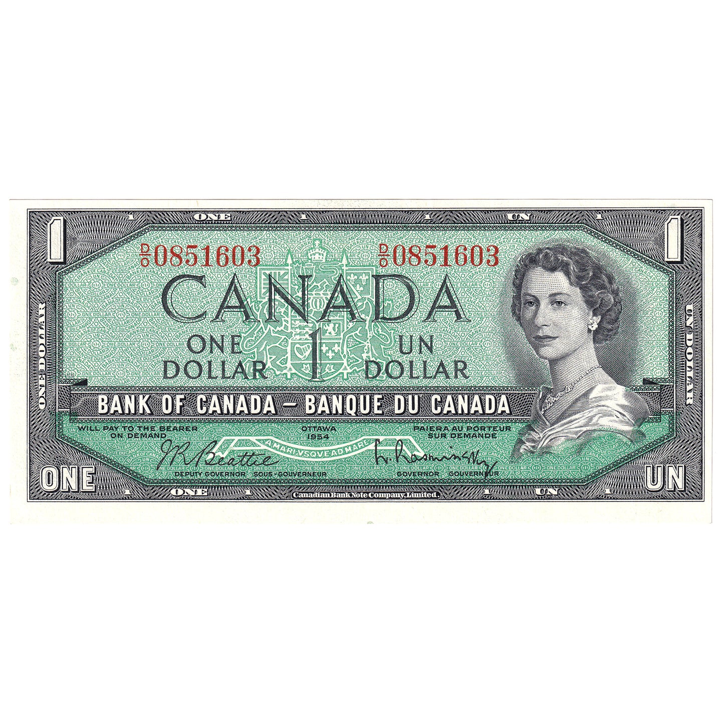 BC-37b 1954 Canada $1 Beattie-Rasminsky, D/O, AU-UNC (AU55)