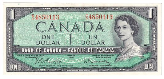 BC-37b 1954 Canada $1 Beattie-Rasminsky, E/O, Almost Uncirculated (AU50)