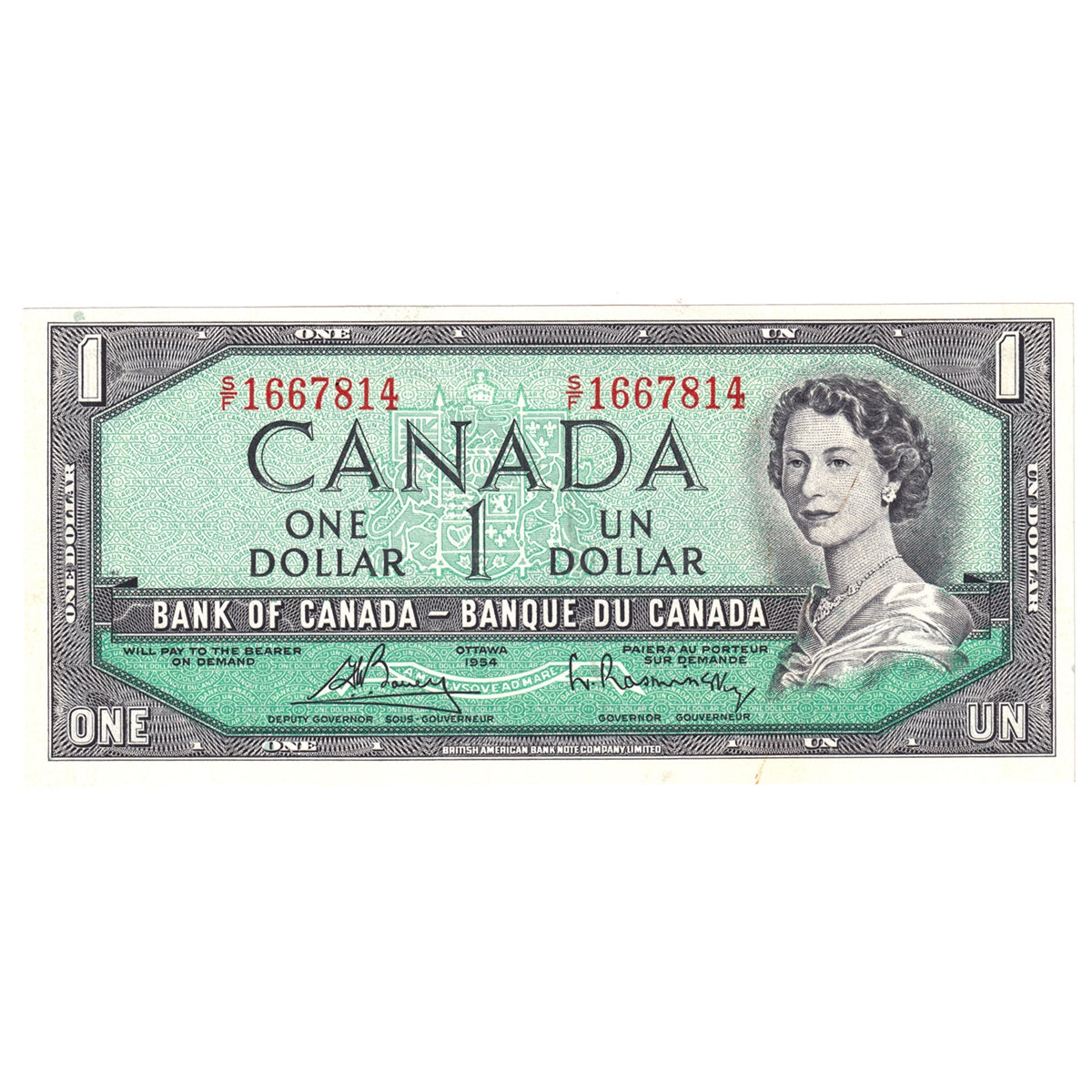 BC-37c 1954 Canada $1 Bouey-Rasminsky, S/F, Almost Uncirculated (AU50)