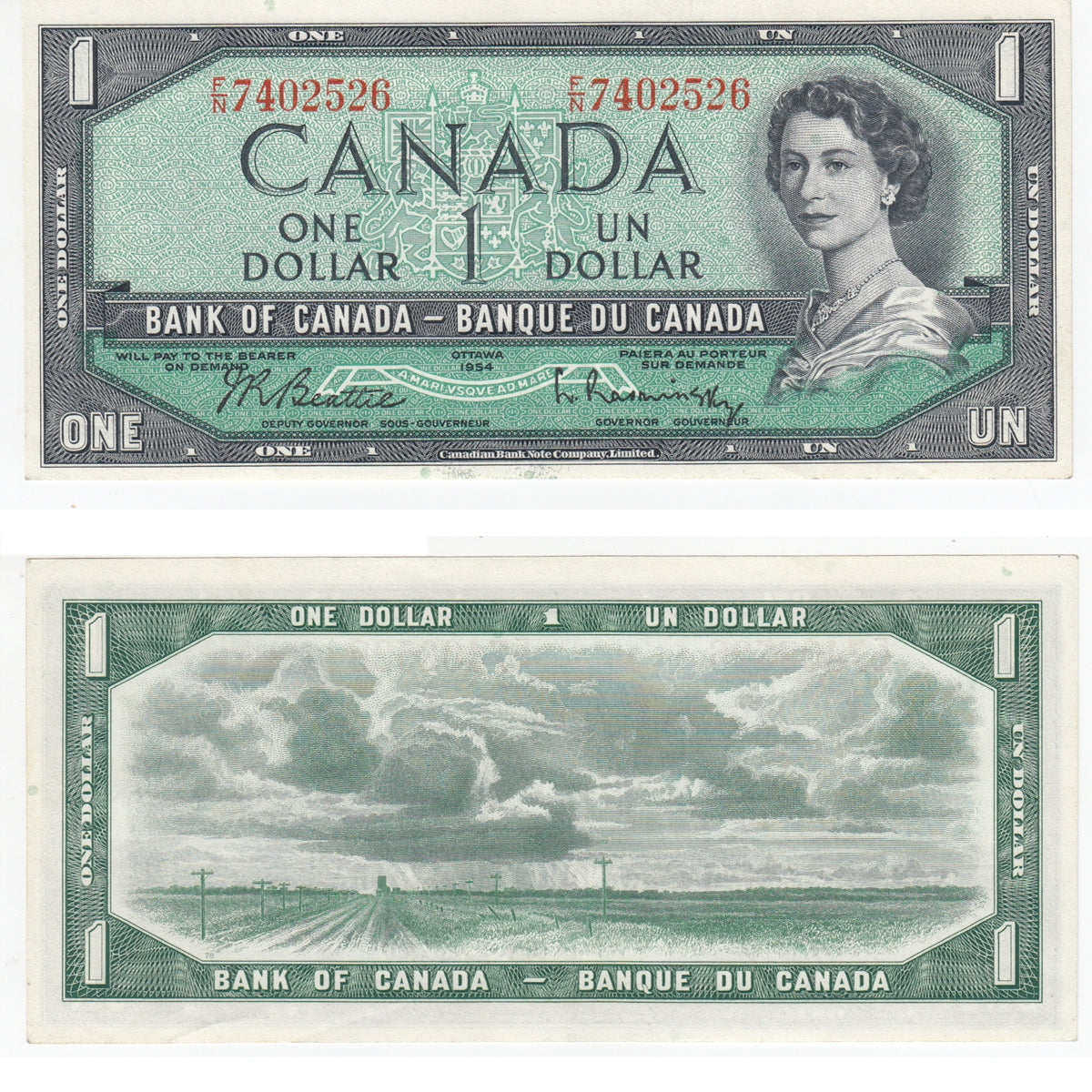 BC-37b 1954 Canada $1 Beattie-Rasminsky, F/N, Almost Uncirculated (AU50)