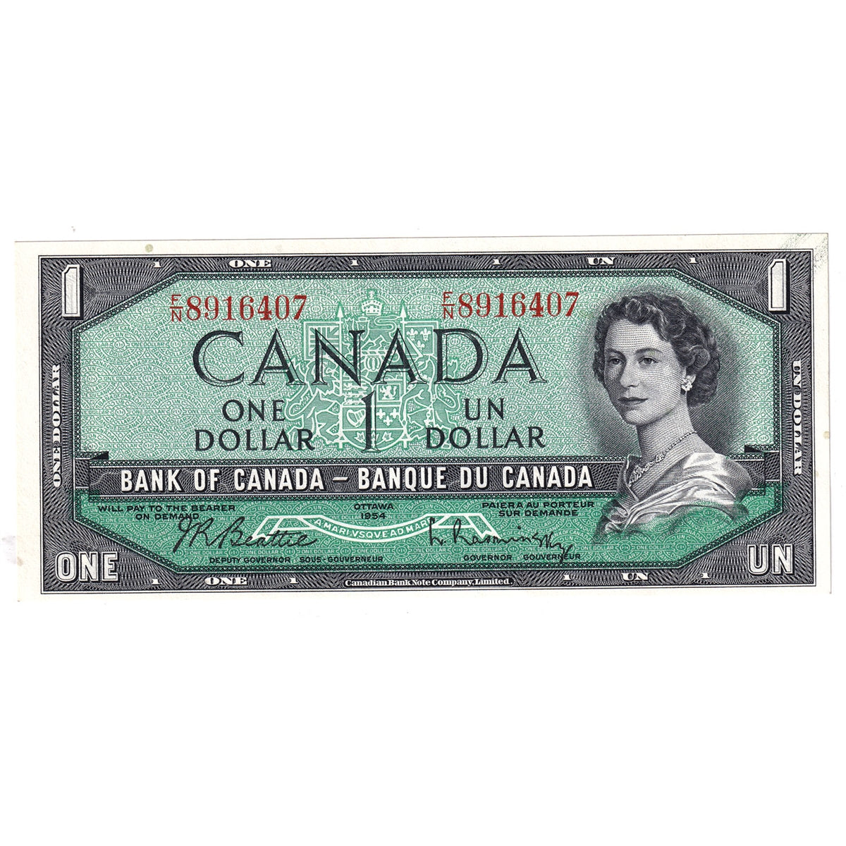 BC-37b 1954 Canada $1 Beattie-Rasminsky, F/N, Extra Fine (EF40)
