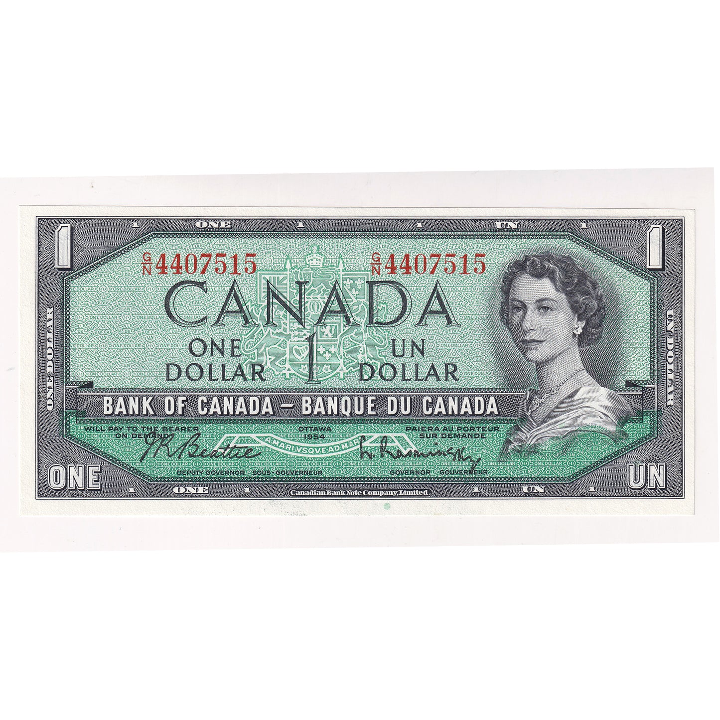 BC-37b 1954 Canada $1 Beattie-Rasminsky, G/N, Choice Uncirculated (CUNC63)
