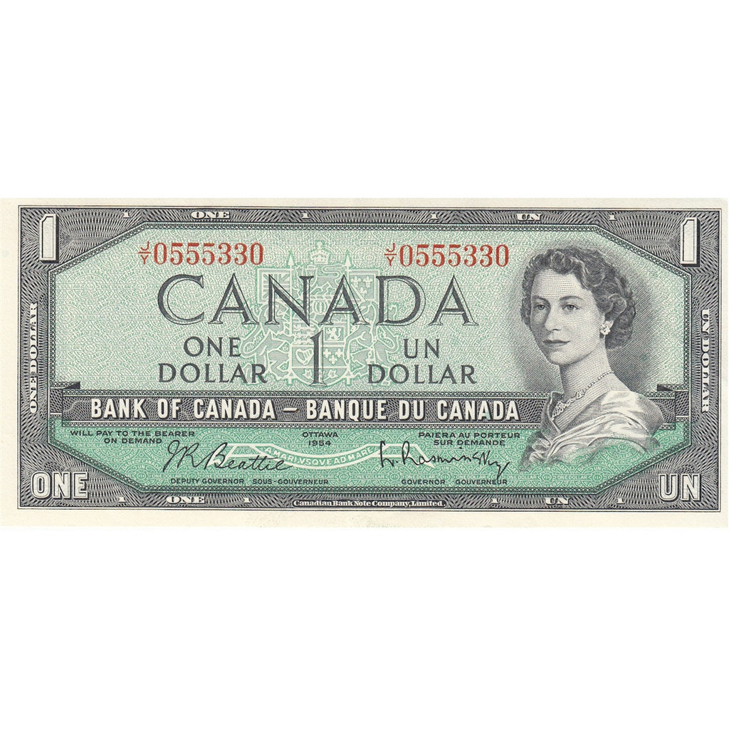 BC-37b 1954 Canada $1 Beattie-Rasminsky, J/Y, Almost Uncirculated (AU50)